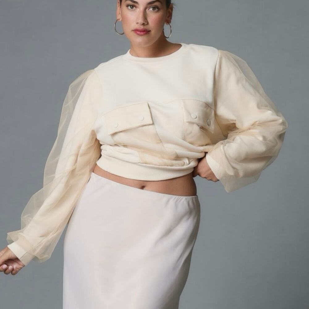 by Anthropologie Cream Crewneck Pullover Sweatshirt Crop Streetwear Dance Mesh